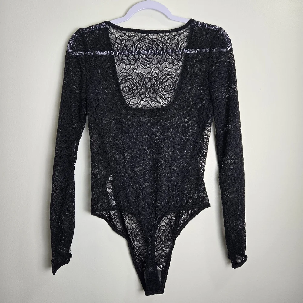 Free People Intimately Floral Lace Square Neck Chic‎ Black Sheer Bodysuit S